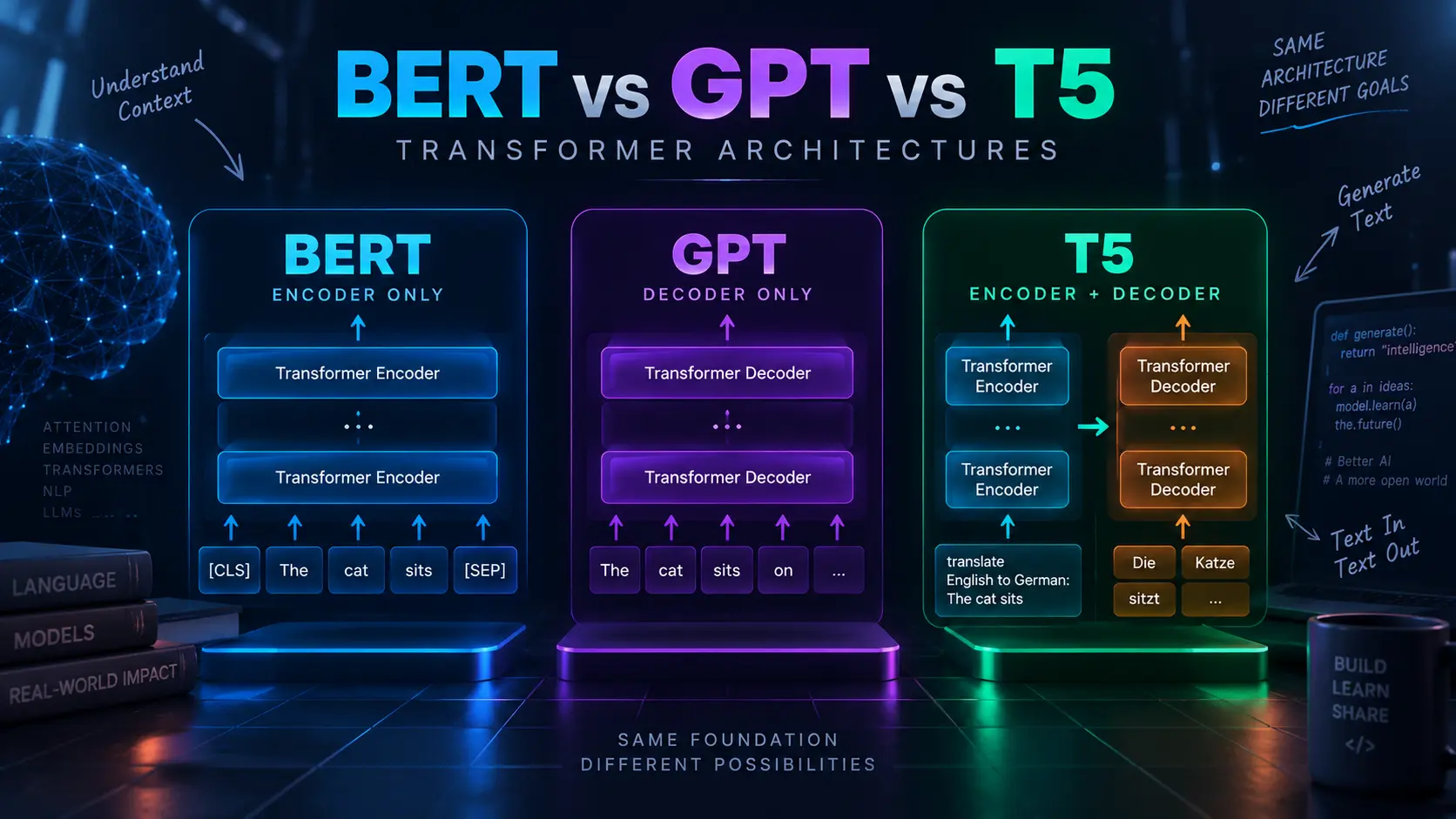 Encoder vs Decoder Transformers: BERT, GPT, T5 and Their Architectures